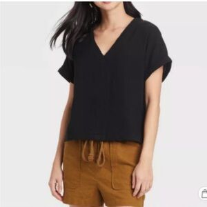 Universal Thread Black Muslin Cotton Blouse XL Target V Neck Top